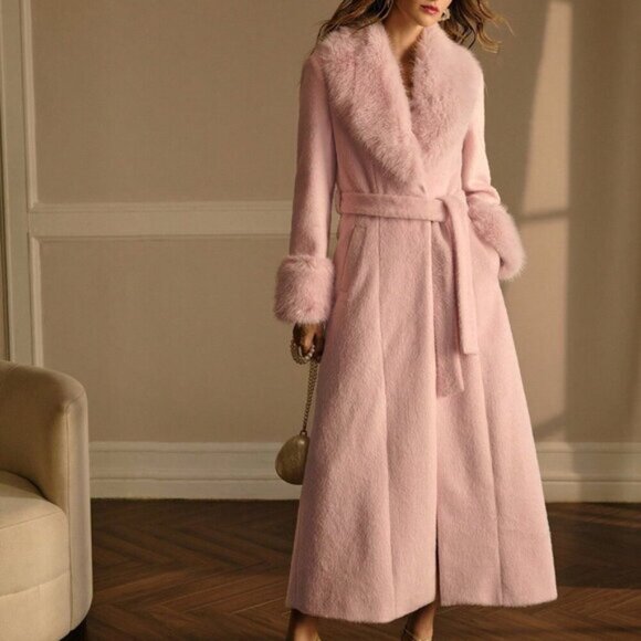 Pink Elegant Women's Contrast Fuzzy Trim Long Coat - Picture 4 of 8